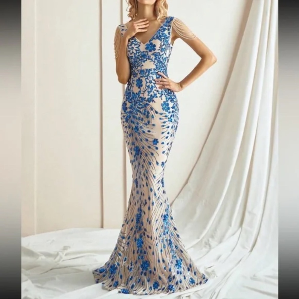 Luxe Floral Sequin Bead Detail Formal Party Wedding Dress - Picture 2 of 9